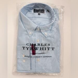 Charles Tyrwhitt Mens Sky Gingham Medium Non Iron Extra Slim Fit Dress Shirt NWT